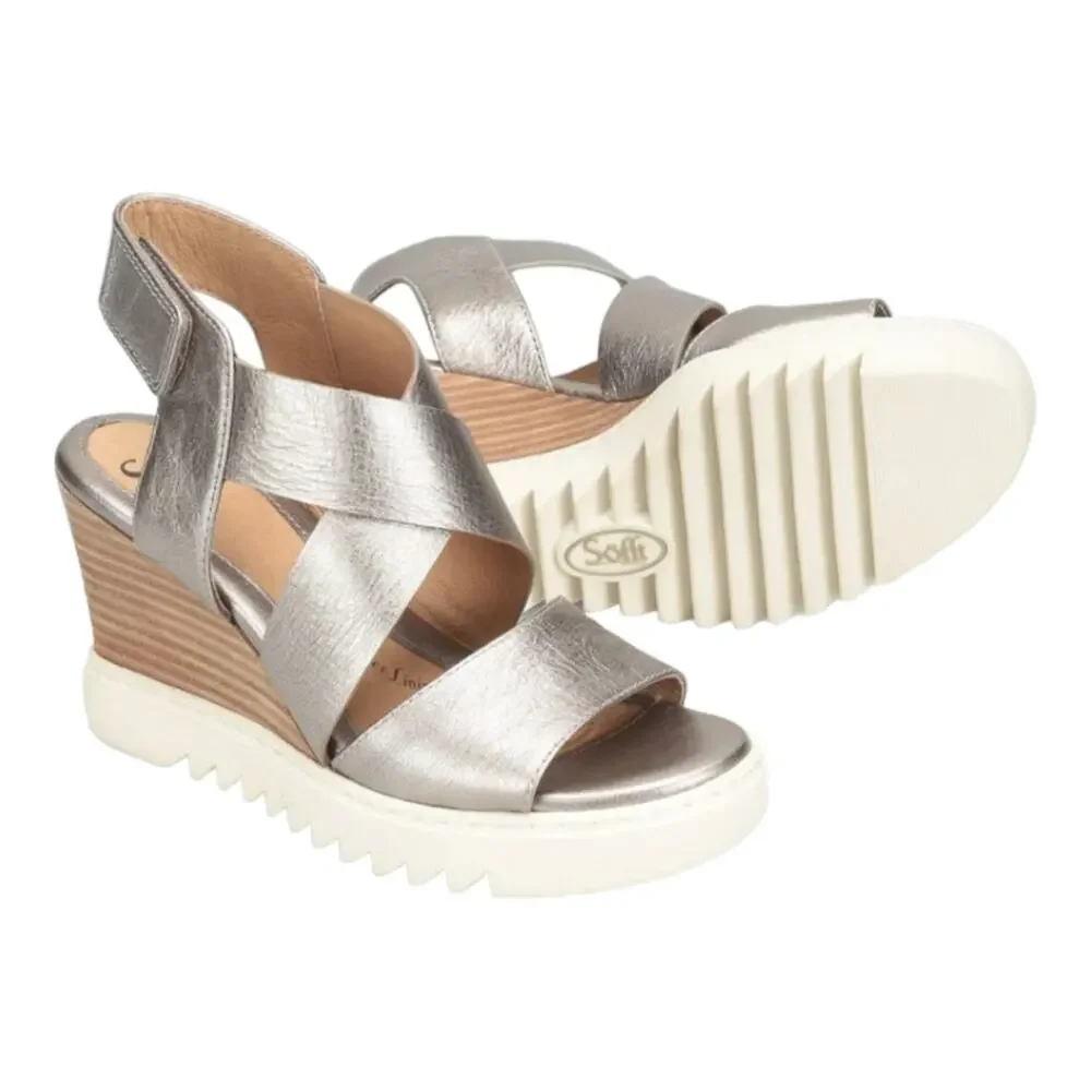 Sofft Womens Size 10 Uxley Grey Gold Metallic Leather‎ Wedge Sandals Shoes New